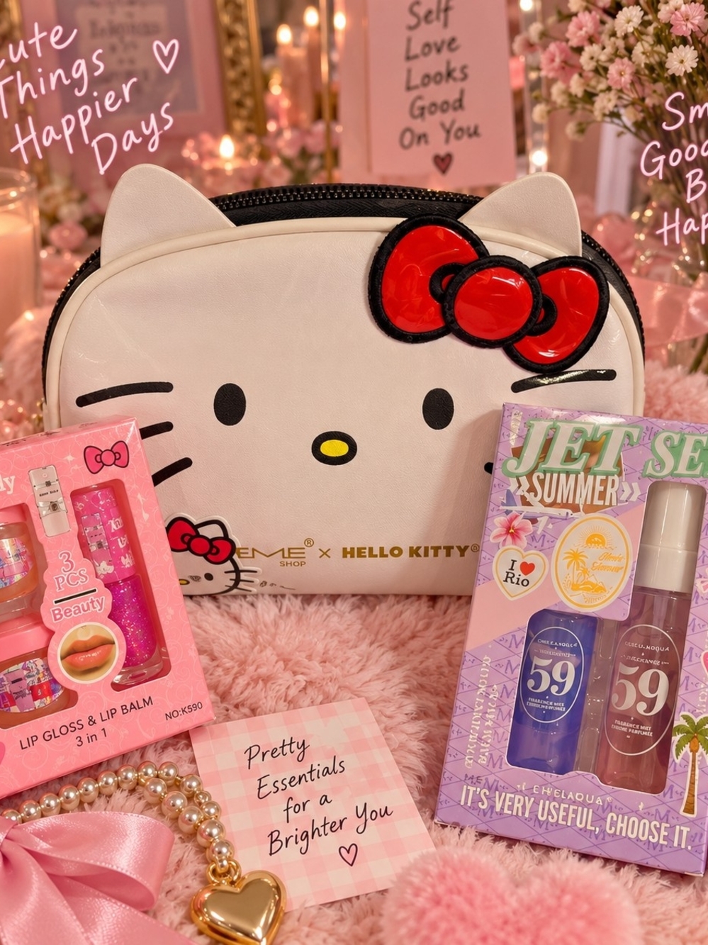 6 Peice Bundle 3Peice Balm 2 Peice Jet Set Hello Kitty  Cosmetic Pouch